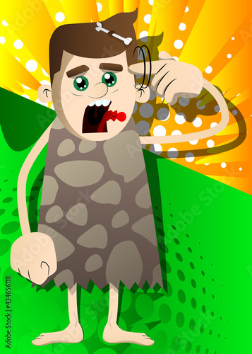 Cartoon prehistoric man shows a you're nuts gesture by twisting his finger around his temple. Vector illustration of a man from the stone age.