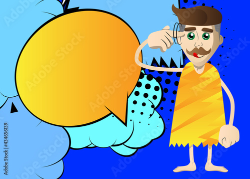 Cartoon prehistoric man shows a you're nuts gesture by twisting his finger around his temple. Vector illustration of a man from the stone age.