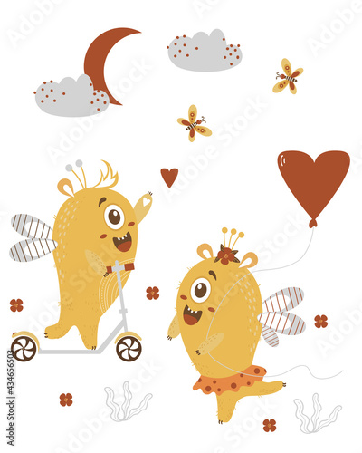 A pair of cute yellow monsters. Fantastic characters with wings - monster girl with a balloon and a boy on a scooter. Vector illustration. Kids collection For childrens cards  design  decor and print