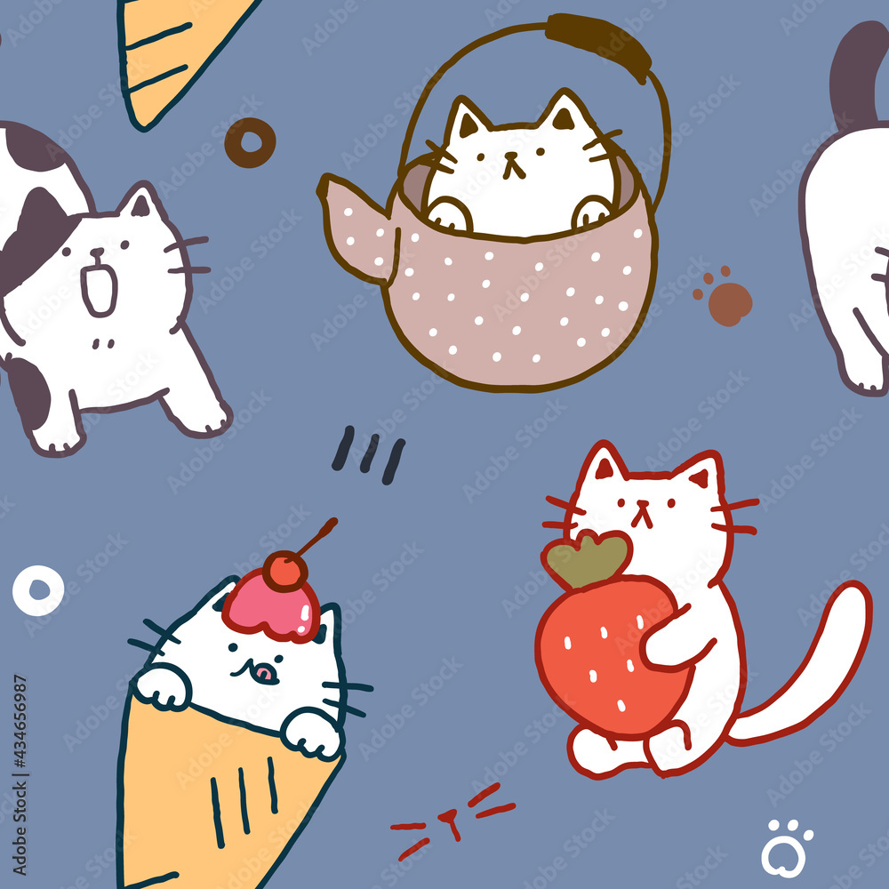 Obraz premium Seamless Pattern with Cartoon Cat Illustration Design on Deep Blue Background