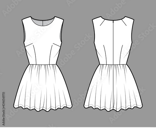 Dress short technical fashion illustration with sleeveless, fitted body, mini length full skirt. Flat apparel front, back, white color style. Women, men unisex CAD mockup