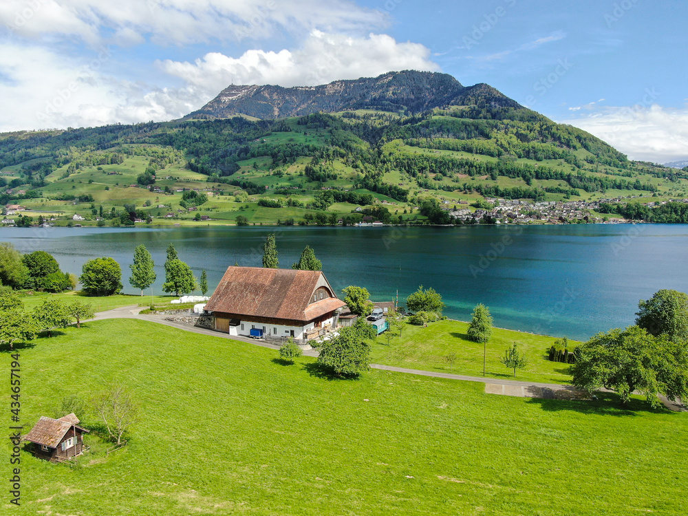 countryside view at the side of Lake Lucerne with the famous Rigi Mountain on the background