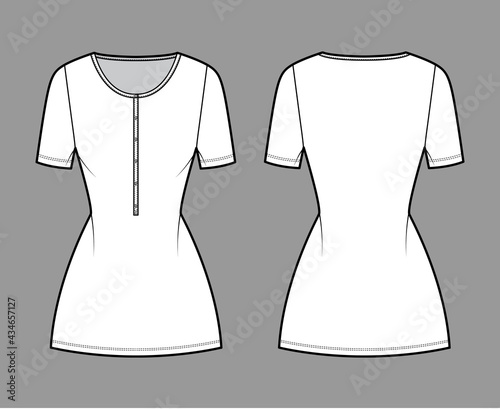 Dress henley collar technical fashion illustration with short sleeves, fitted body, mini length pencil skirt. Flat apparel front, back, white color style. Women, men unisex CAD mockup