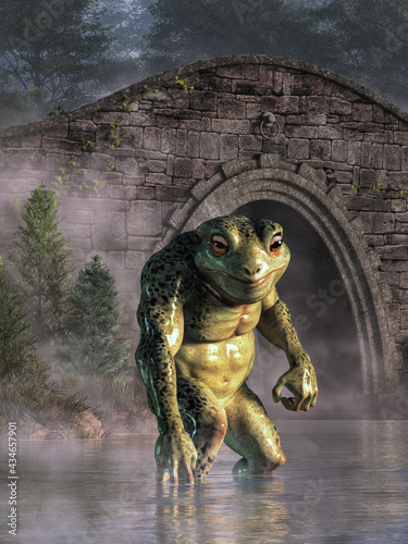 The Loveland Frogman is a legendary cryptid of Ohio folklore. It is said to be a humanoid frog or lizard seen near waterways. In this scene, the monster wades in waters by a stone bridge. 3D Rendering