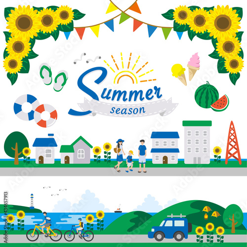 夏の街並みと海や山のイラストセット