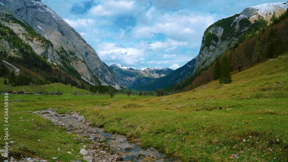 Idyllic Ahornboden mountain canyon with the river Rissach with fresh blue water flowing down green lush fields in the Bavarian Austrian alps. Blue and cloudy sky above the snowy mountain tops Idyllic Ahornboden mountain canyon with the river Rissach with fresh blue water flowing down green lush fields in the Bavarian Austrian alps. Blue and cloudy sky above the snowy mountain tops
