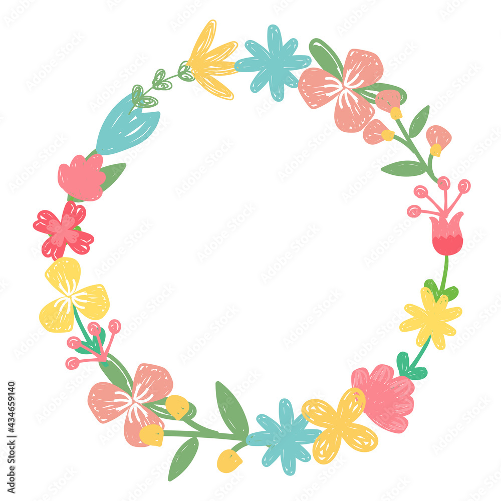 Floral frame in hand drawn style. Flowers wreath. Doodle design. Vector illustration.