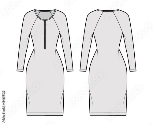 Dress henley collar technical fashion illustration with long raglan sleeves, fitted body, knee length pencil skirt. Flat apparel front, back, grey color style. Women, men unisex CAD mockup