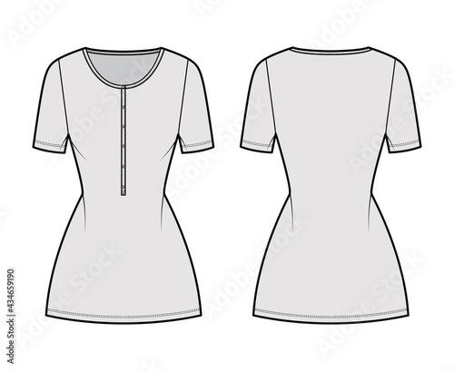 Dress henley collar technical fashion illustration with short sleeves, fitted body, mini length pencil skirt. Flat apparel front, back, grey color style. Women, men unisex CAD mockup