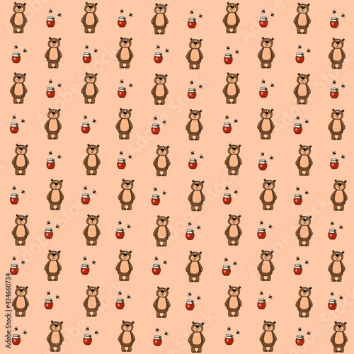 Brown bear standing and looking at honey with bees on pink background repeat pattern