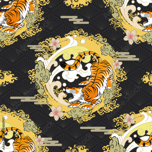 Seamless Art Japanese Repeat Pattern Fierce Tiger Bowing on Yellow Brush Stroke Crescent Moon, Torrential Splash, Sakura Flower and Cloud on Japan Diamond Pattern Black Background for Wrapping Paper
