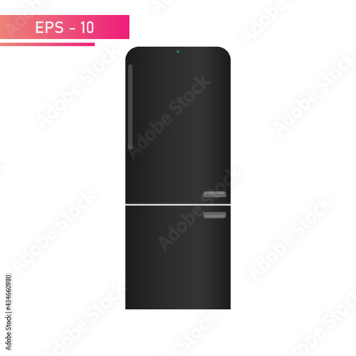 Refrigerator in the old style with two chambers, black stylish color, with a handle. Realistic design. On a white background. Household appliances for the home. Flat vector illustration.
