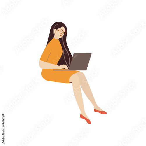 Smiling girl sit chatting with clients or collegues on laptop surfing internet for study, work or freelance. Wifi notebook help modern business to communicate with clients via web