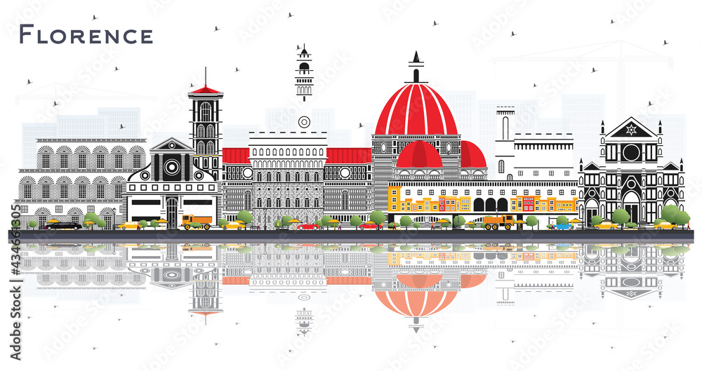 Florence Italy City Skyline with Color Buildings and Reflections Isolated on White.