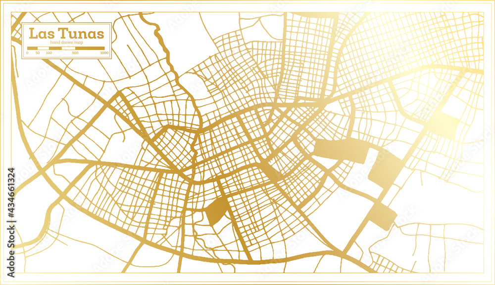 Las Tunas Cuba City Map in Retro Style in Golden Color. Outline Map.