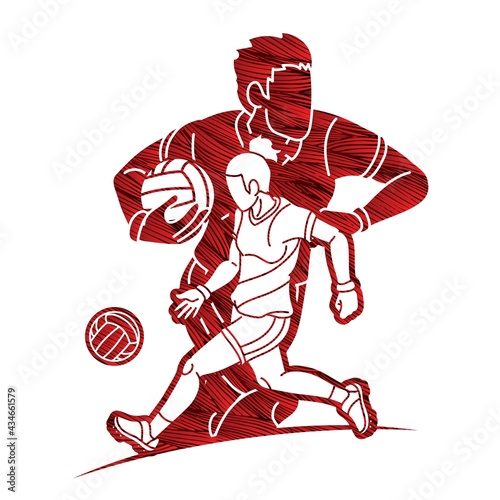 Gaelic Football Sport Male and Female Players Mix Action Cartoon Graphic Vector