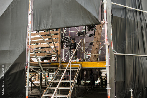 mobile stage for a concert in the city, back view, backstage entrance