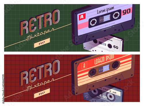 Retro mixtapes cartoon banner, audio record player online or mobile application with mix tapes cassettes. Disco, multimedia playing, service for listening music, Vector web header