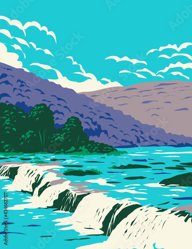 WPA Poster Art of Sandstone, New Richmond or New River Falls in Summers County, West Virginia located within the New River Gorge National Park and Preserve done in works project administration style.