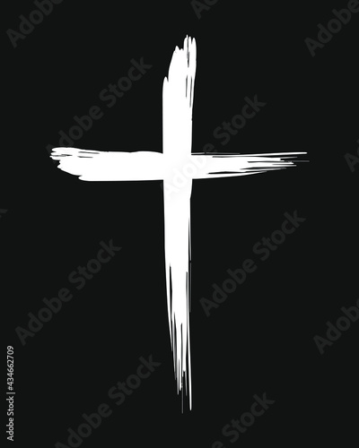Cross vector shape symbol. Painted ink drawing style. Christianity sign. Christian religion icon. Isolated on white background.