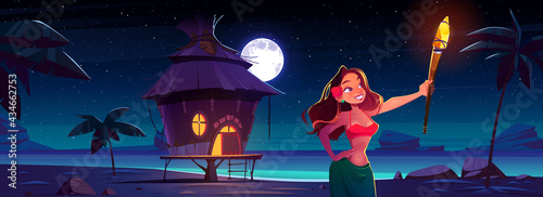 Bungalow night party banner with woman and resort wooden house on background of sea, palm trees and dark sky with moon and stars. Vector header of summer beach party on ocean shore