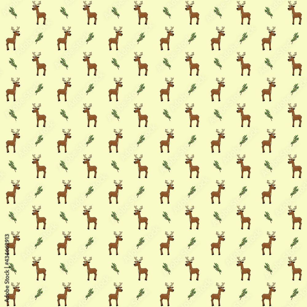 Brown Rein deer with horns and green leaves repeat pattern design