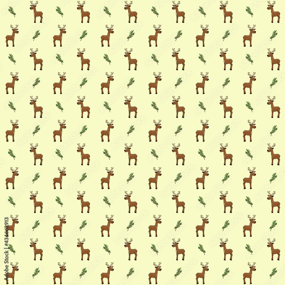 Brown Rein deer with horns and green leaves repeat pattern design Brown Rein deer with horns and green leaves repeat pattern design
