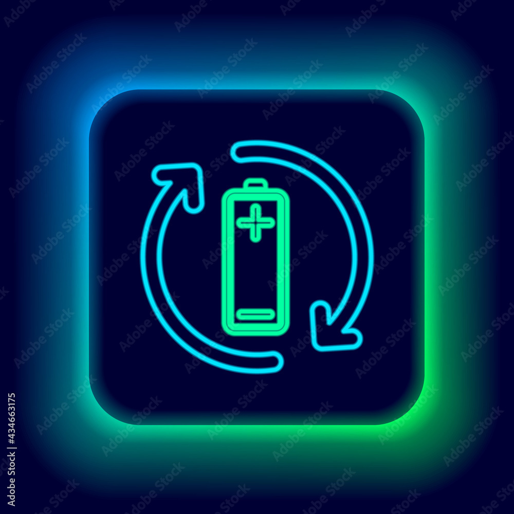 Glowing neon line Battery with recycle symbol line icon isolated on black background. Battery with recycling symbol - renewable energy concept. Colorful outline concept. Vector Glowing neon line Battery with recycle symbol line icon isolated on black background. Battery with recycling symbol - renewable energy concept. Colorful outline concept. Vector