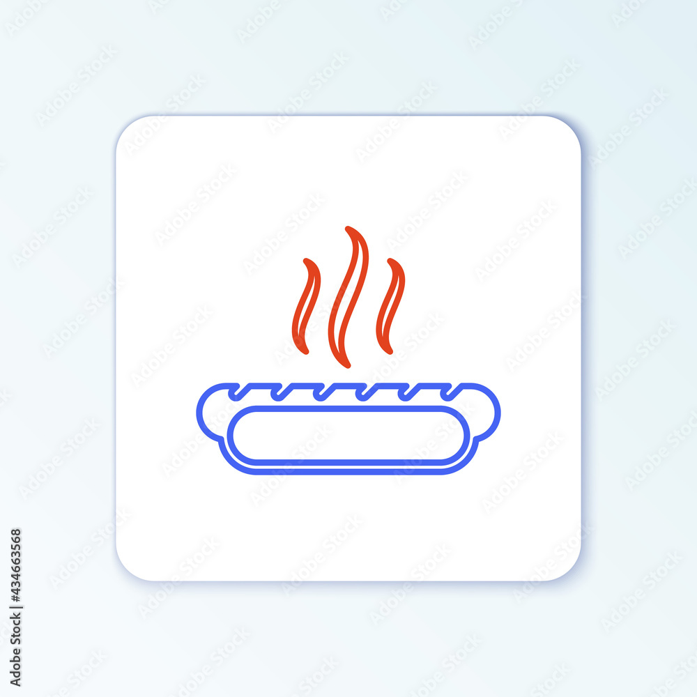 Line Hotdog sandwich with mustard icon isolated on white background. Sausage icon. Fast food sign. Colorful outline concept. Vector Line Hotdog sandwich with mustard icon isolated on white background. Sausage icon. Fast food sign. Colorful outline concept. Vector