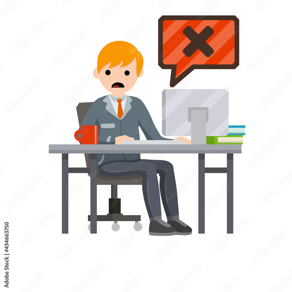 Sad office worker under stress. Cartoon flat illustration. Man sitting at computer. error message is bug and virus. access is closed. Work for service repair