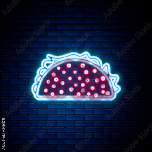 Glowing neon line Taco with tortilla icon isolated on brick wall background. Traditional mexican fast food. Colorful outline concept. Vector