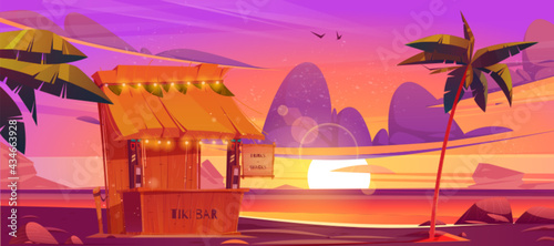 Tiki bar, wooden hut with tribal masks, drinks and snacks on sea beach at sunset. Vector cartoon tropical landscape with ocean, palm trees and cafe at evening. Exotic vacation and travel concept