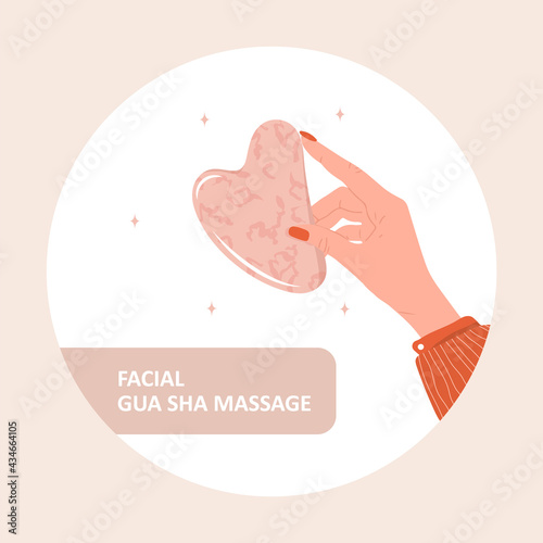 Gua sha scraper for facial massage. Female hand holding natural pink quartz stone. Trendy beauty treatment. Skin care equipment for SPA. Vector illustration in flat cartoon style.