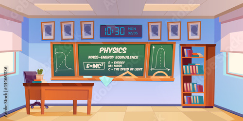 Classroom for physics learning with formula and graph on chalkboard. Vector cartoon illustration of empty school class interior with teacher desk, blackboard and bookcase