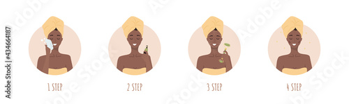 Facial massage steps. African woman do cosmetic spa procedures for face with jade nephrite roller. Morning routine. Skin care concept. Organic products. Vector illustration in flat cartoon style.