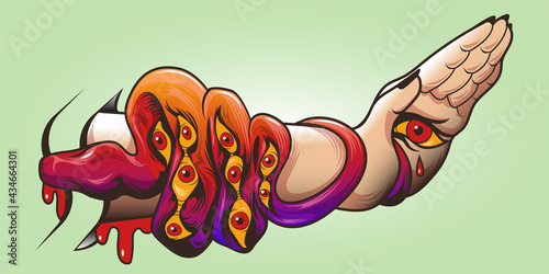 Tattoo art with snake with pattern of eyes on skin and woman hand. Vector abstract flat illustration with serpent, occult ornament. Concept of Bible Temptation by Serpent