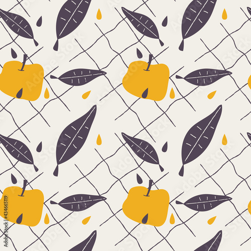Pattern in mid century style with apple, grid and leaves. Modern aesthetic in abstract background. Contemporary seamless pattern for paper, fabric, cover and other users.