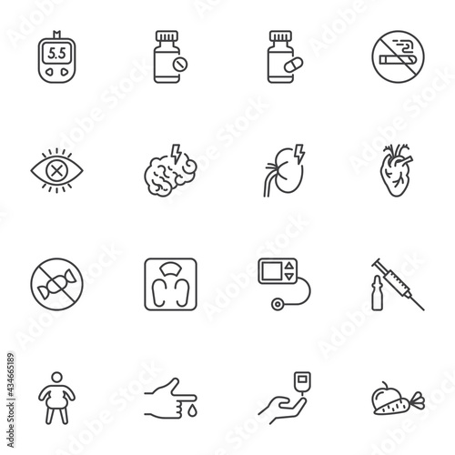 Diabetes treatment line icons set