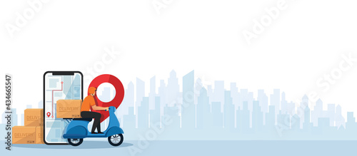 delivery man riding scooter motorcycle Concept of delivery service. vector illustration