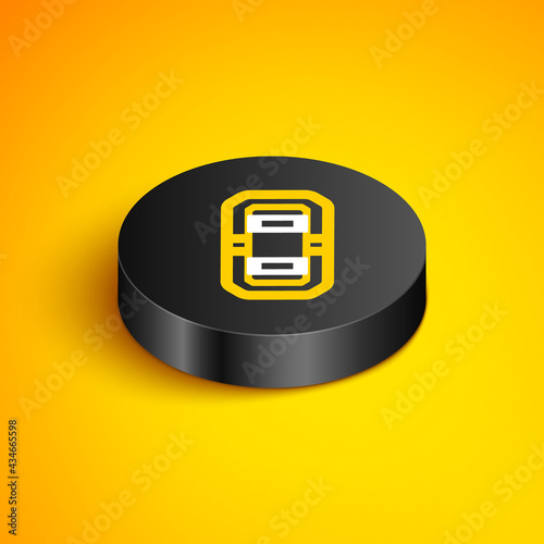 Isometric line Rafting boat icon isolated on yellow background. Inflatable boat. Water sports, extreme sports, holiday, vacation, team building. Black circle button. Vector