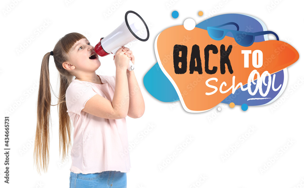 Little girl with megaphone on white background. Back to school