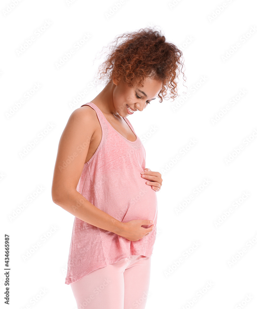 Beautiful pregnant African-American woman on white background Beautiful pregnant African-American woman on white background