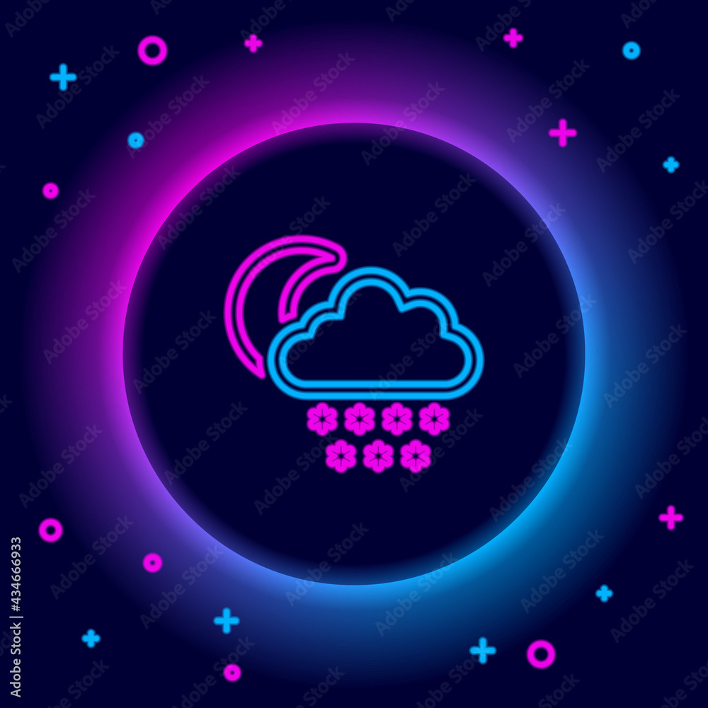 Glowing neon line Cloud with snow and moon icon isolated on black background. Cloud with snowflakes. Single weather icon. Snowing sign. Colorful outline concept. Vector Glowing neon line Cloud with snow and moon icon isolated on black background. Cloud with snowflakes. Single weather icon. Snowing sign. Colorful outline concept. Vector
