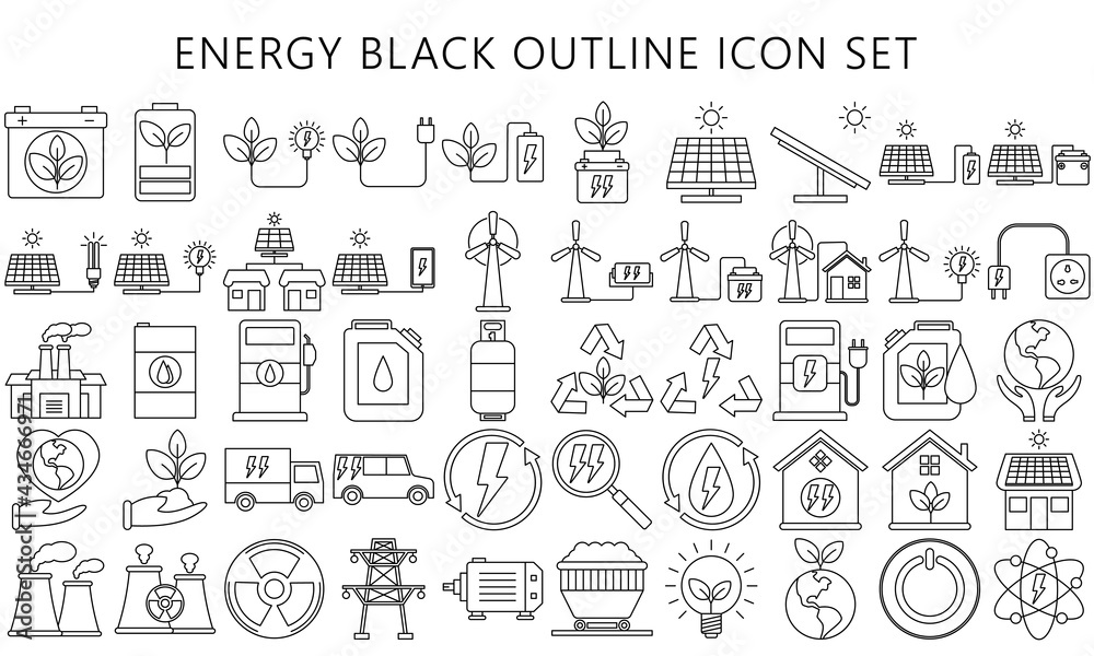 Thin black Energy outline icons set, include battery, sun, green ecology, renewable and sustainable. Used for modern concepts, web and apps. eps 10 ready convert to svg Thin black Energy outline icons set, include battery, sun, green ecology, renewable and sustainable. Used for modern concepts, web and apps. eps 10 ready convert to svg