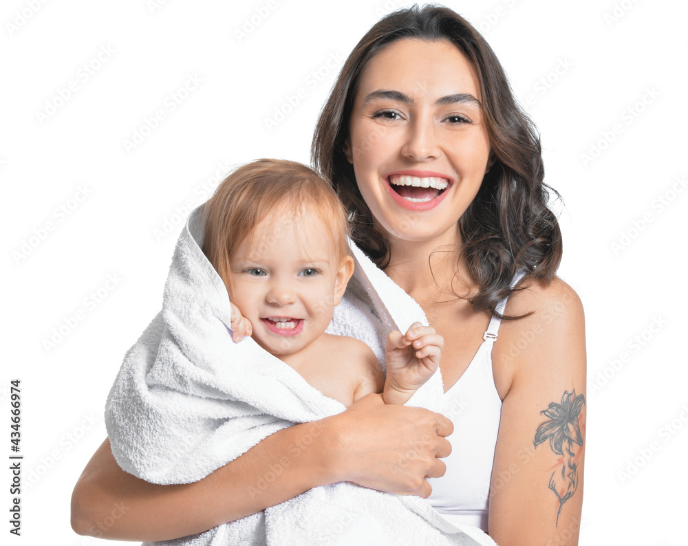 Happy woman and her little daughter on white background Happy woman and her little daughter on white background