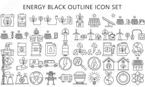 Thin black Energy outline icons set, include battery, sun, green ecology, renewable and sustainable. Used for modern concepts, web and apps. eps 10 ready convert to svg