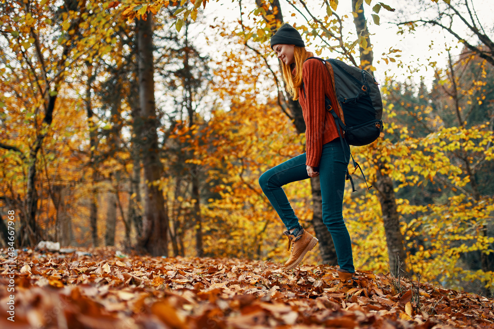 beautiful woman with a backpack in the park on nature landscape fallen leaves bottom view beautiful woman with a backpack in the park on nature landscape fallen leaves bottom view