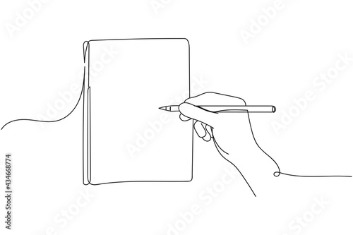 Continuous one line of diary, hand completing tasks in silhouette. Linear stylized. Minimalist.