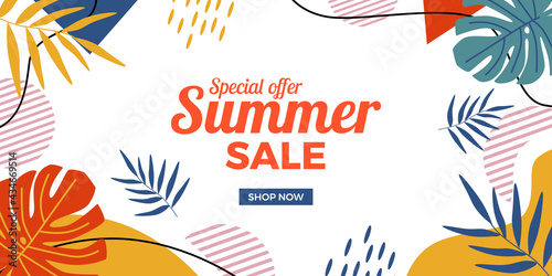 Wallpaper Mural Summer sale offer banner promotion with abstract memphis tropical leaves with white background Torontodigital.ca