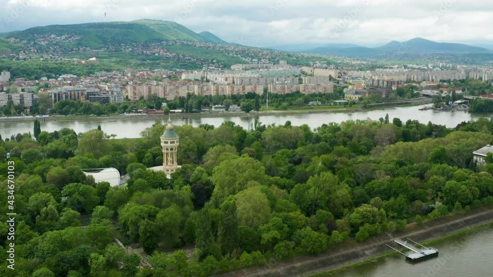 Establishing aerial view of Budapest, Hungary. Margaret Island Water Tower in summer in the focus. Establishing aerial view of Budapest, Hungary. Margaret Island Water Tower in summer in the focus.